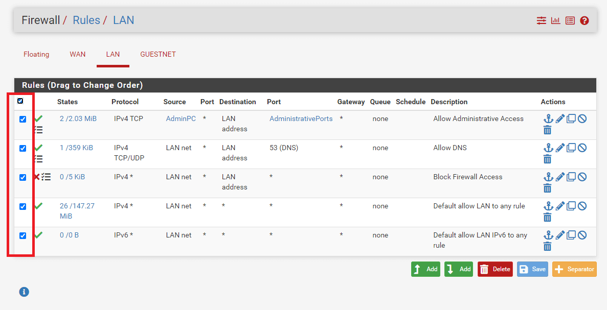Auswählen von Firewall-Regeln auf der pfSense-Firewall