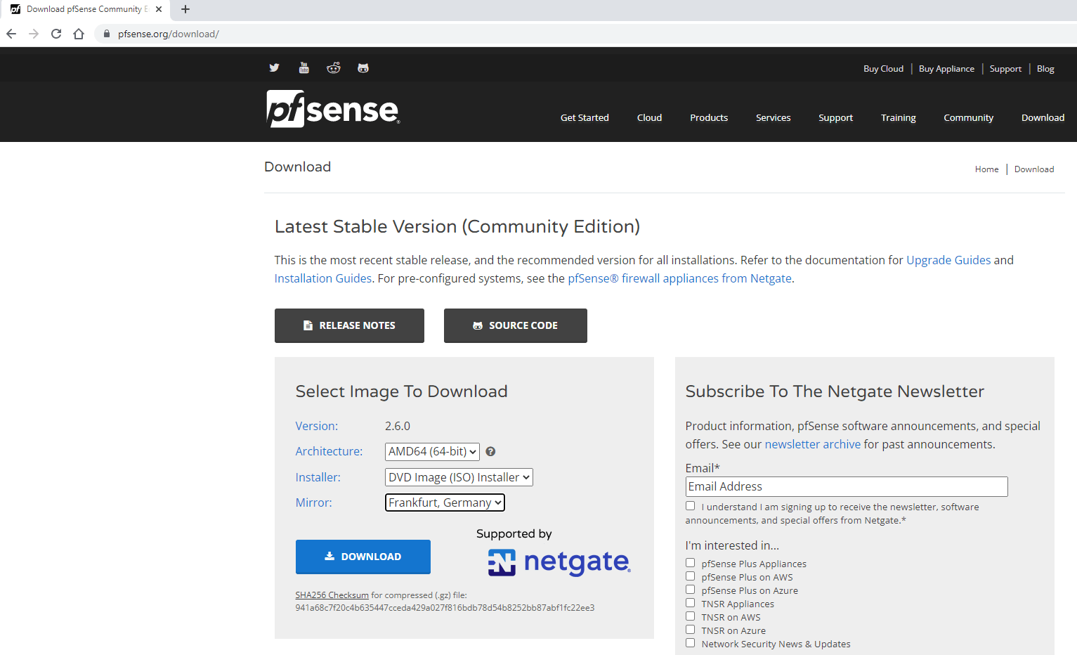 Auswahl des pfSense-Images zum Herunterladen