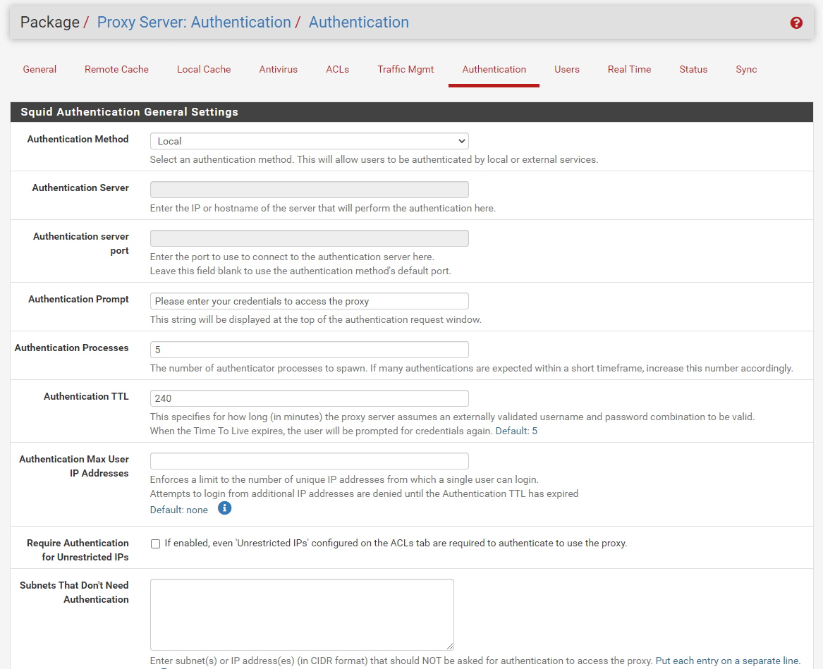 Einstellen der Authentifizierungsmethode für Proxy auf pfSense