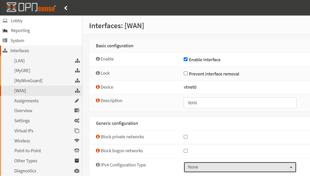 IPv4-Konfigurationstyp für WAN auf Keine setzen