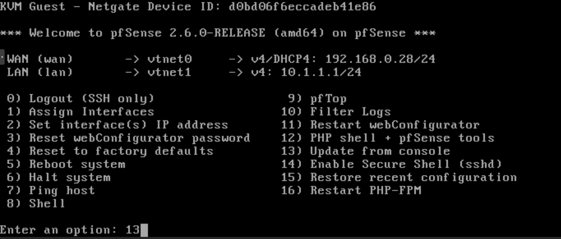 Aktualisierung der pfSense-Firewall über die Konsole