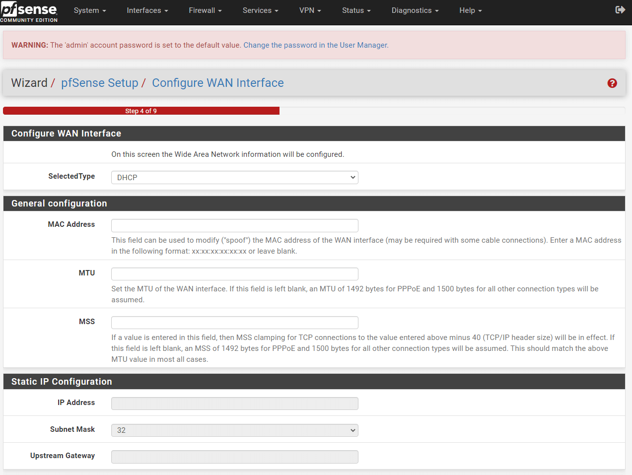 WAN-Schnittstellenkonfiguration in der pfSense Setup-GUI