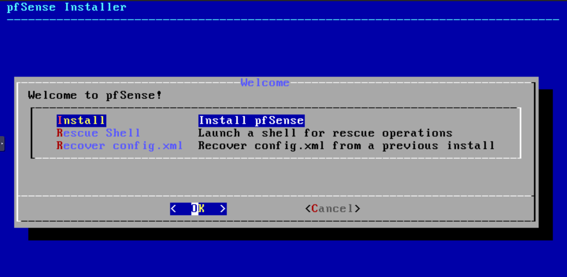 pfSense-Softwareinstallation Willkommensmenü
