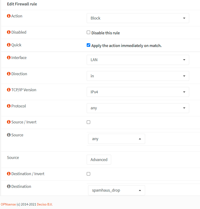 Erstellen einer Firewall-Regel zum Blockieren der Spamhaus-Drop-Liste auf LAN-Schnittstelle-1