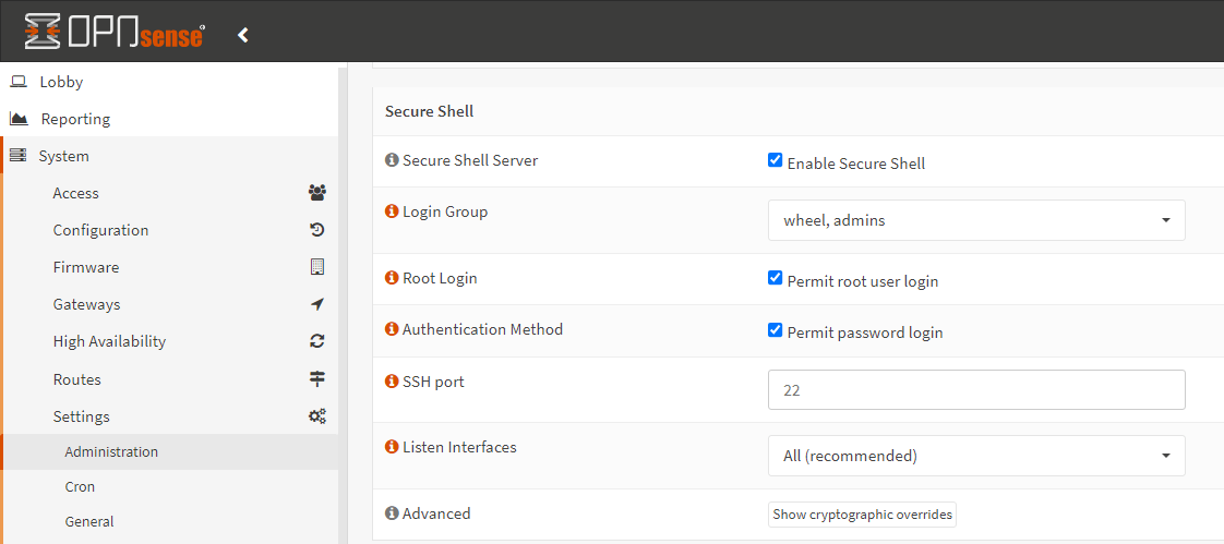 Aktivierung von SSH auf OPNsense