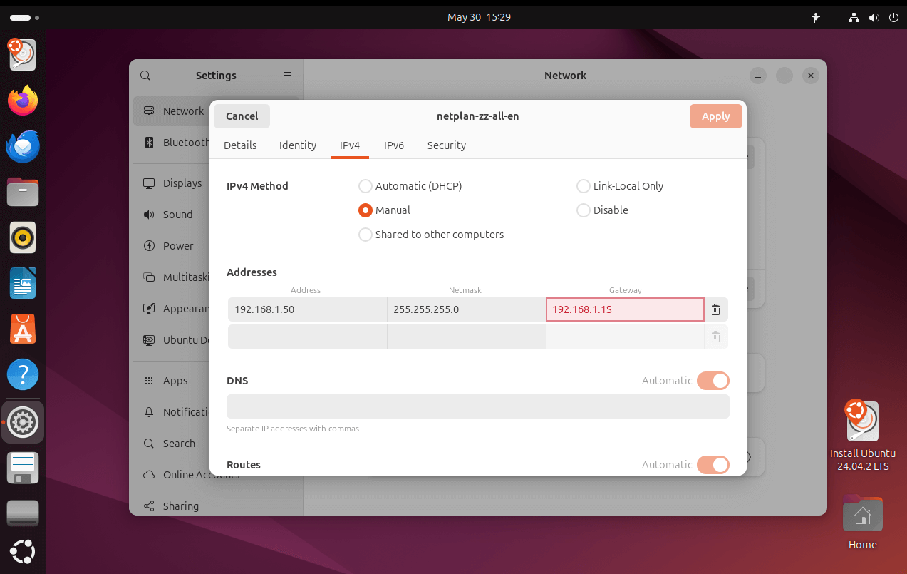Example on Network Settings on Desktop version