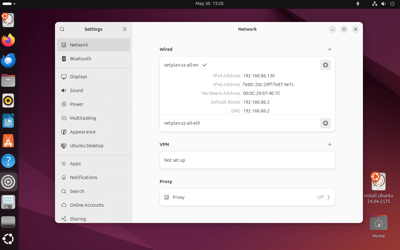 Setting > Network on Ubuntu Desktop