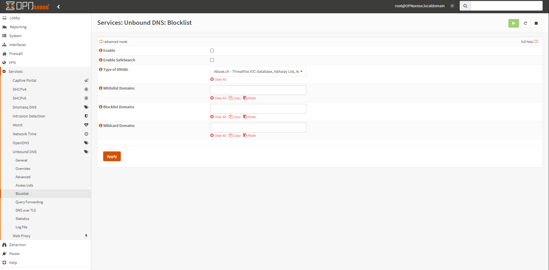 Unbound DNS-Optionsmenü