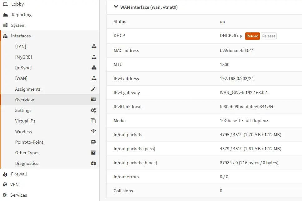 Übersicht der WAN-Schnittstelle auf dem Backup-Knoten