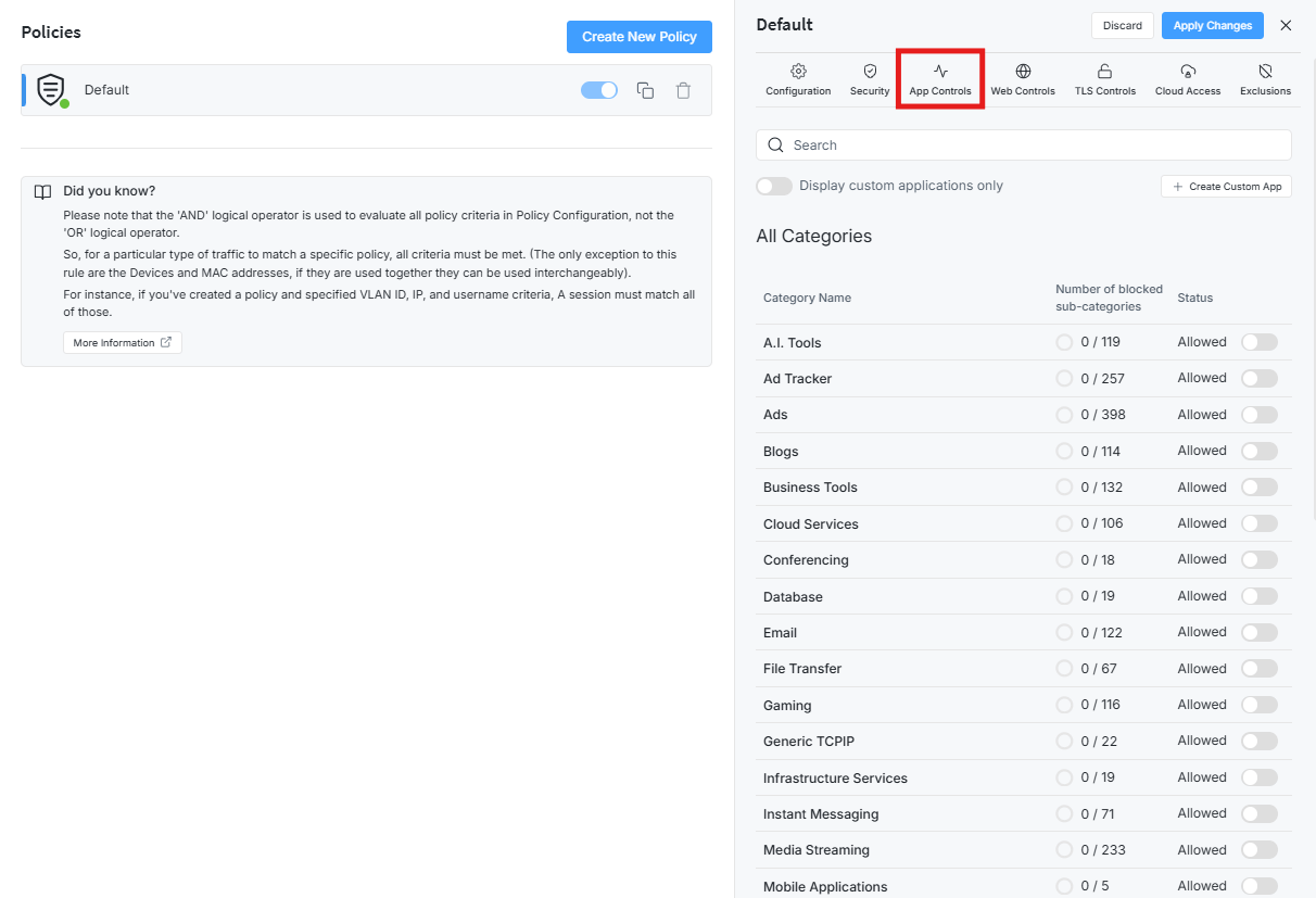 Default Policy – App Controls
