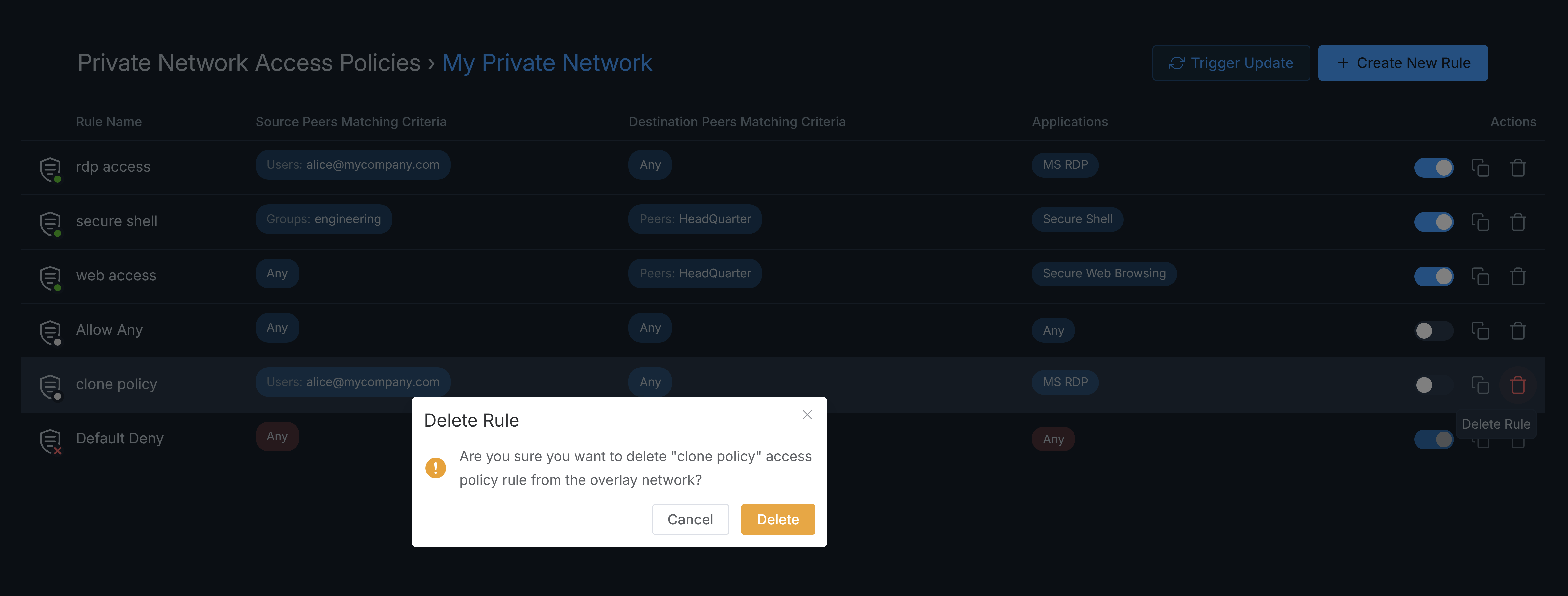 Deleting Private Network Access Policy