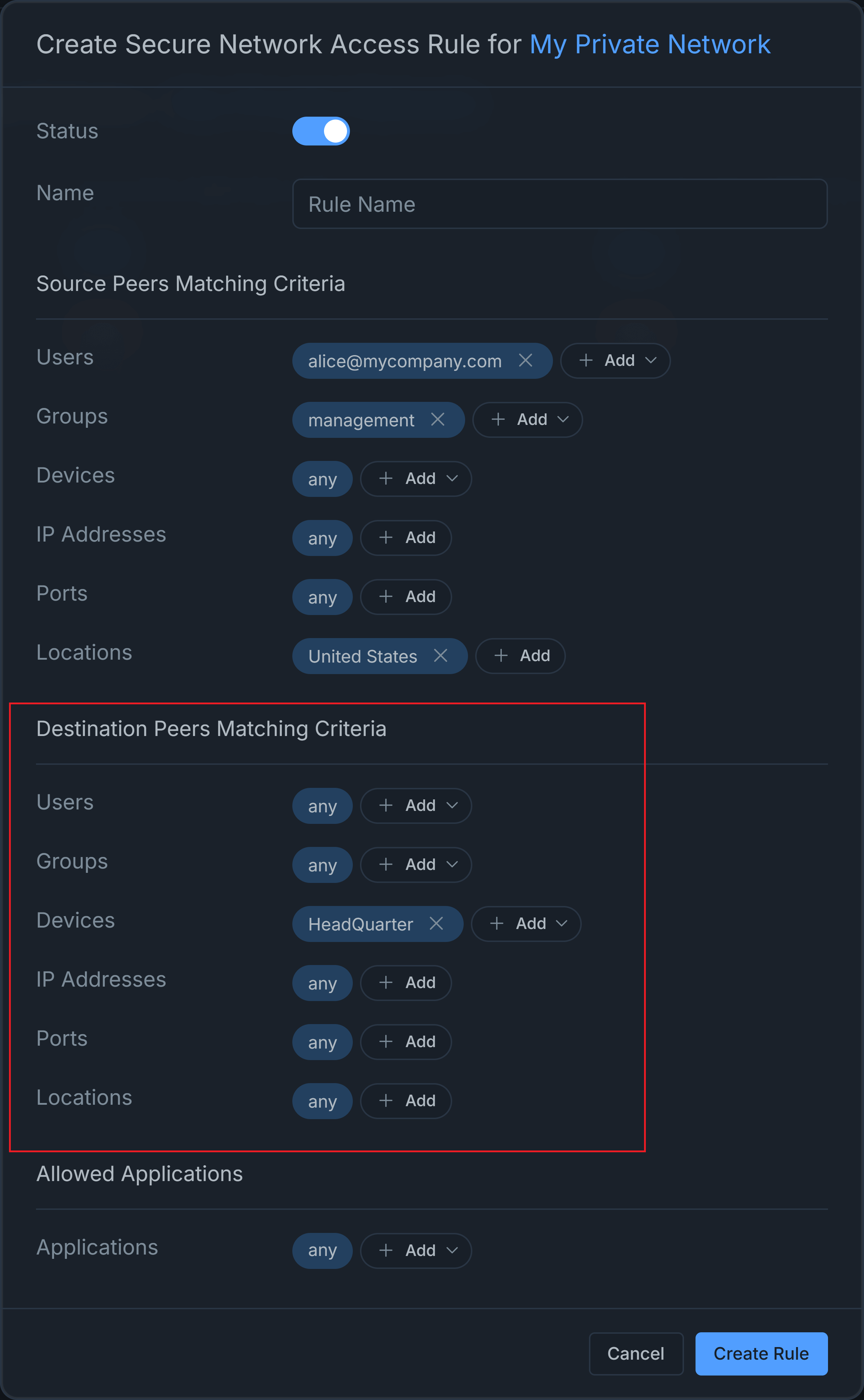 Add Criteria for the Destination Network Access Rule
