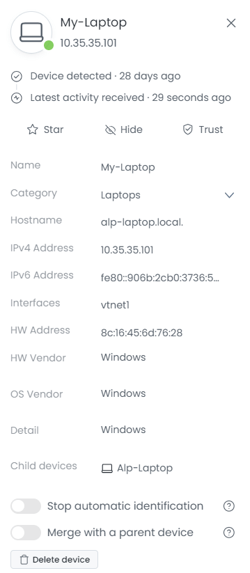 Device Details Pane on Zenarmor