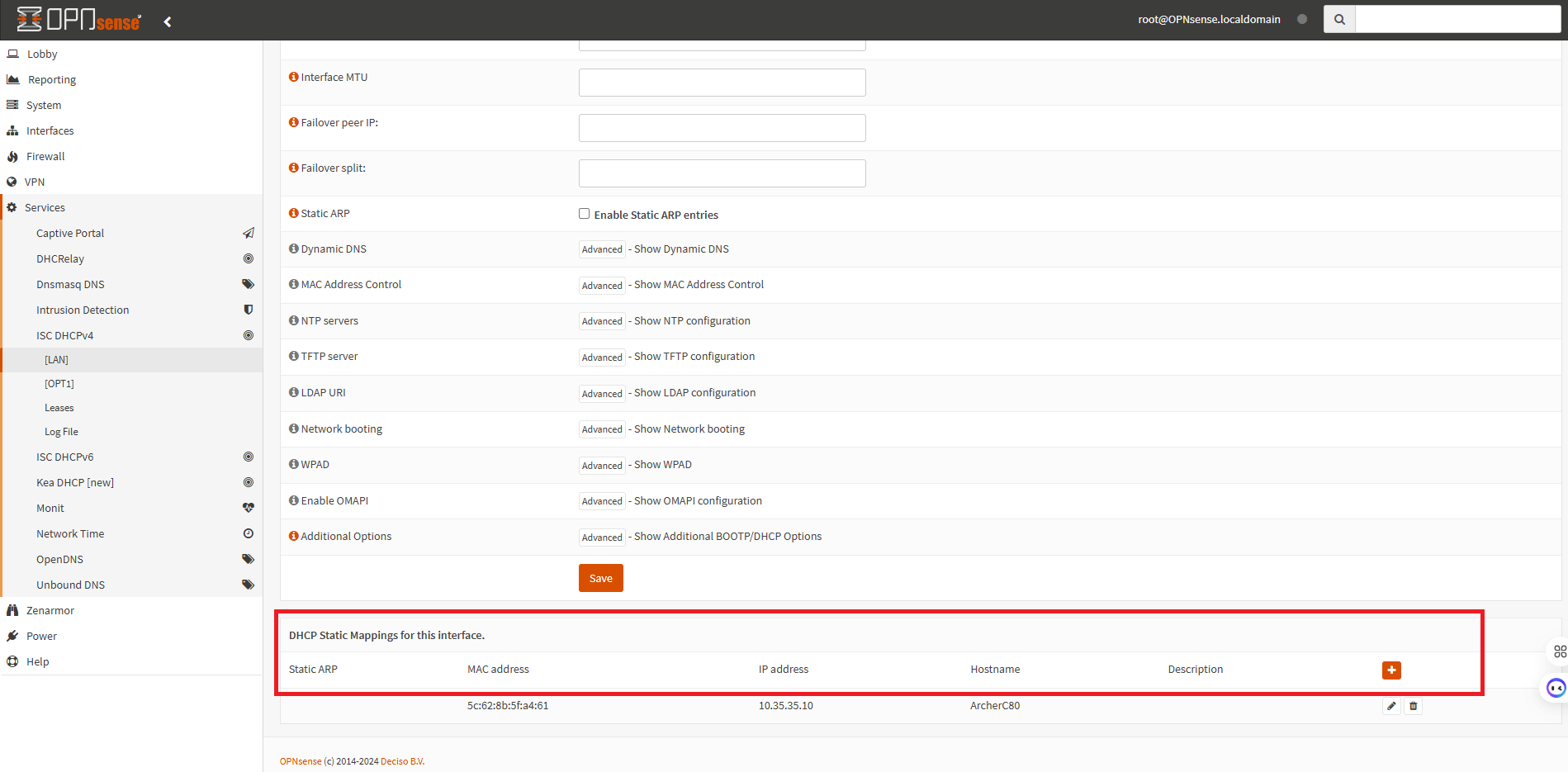 DHCP Static Mappings on interface
