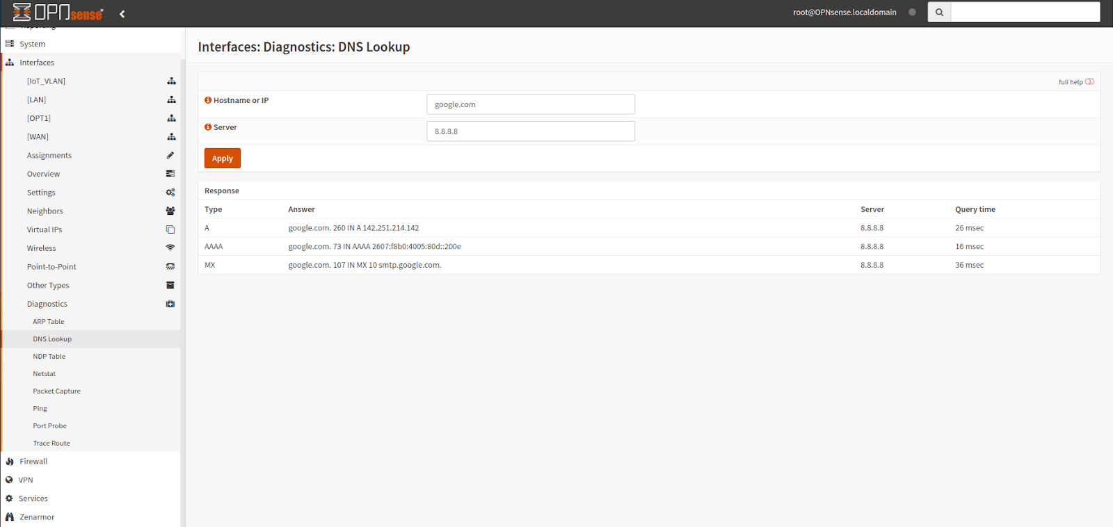 OPNsense Interface diagnostics via DNS Lookup