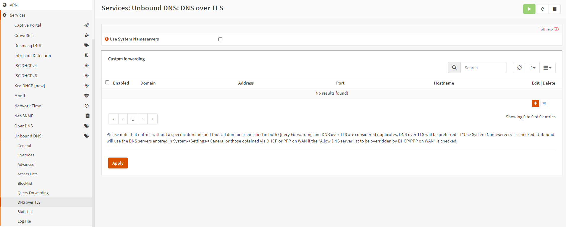 Unbound DNS: DNS over TLS settings