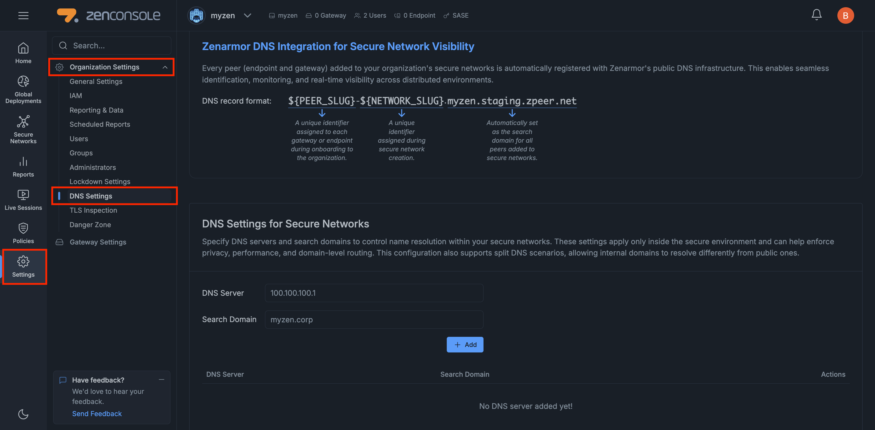 DNS Settings for Secure Networks Page
