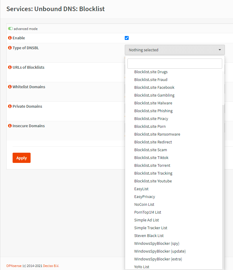 Selecting predefined DNS blocking lists on OPNsense firewall