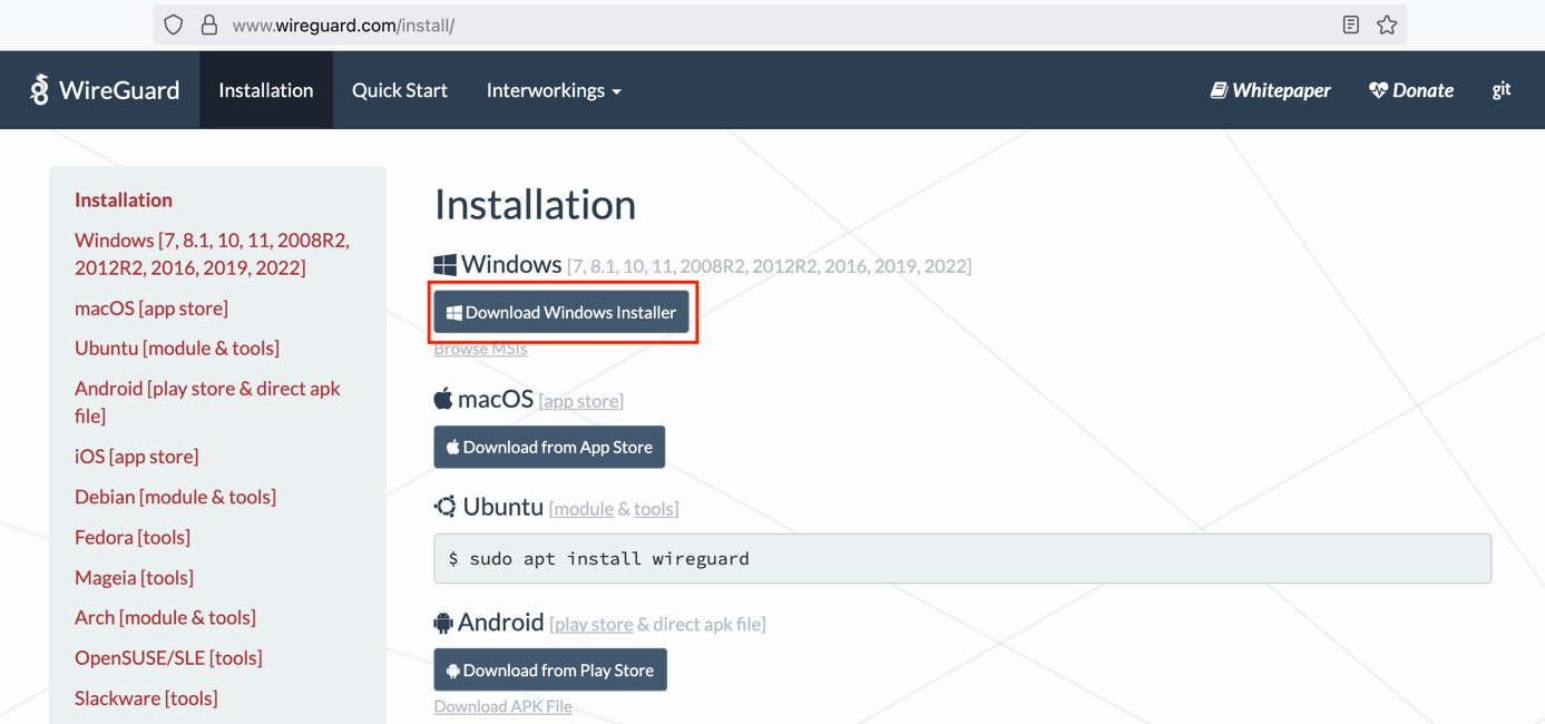 downloading wireguard windows installer