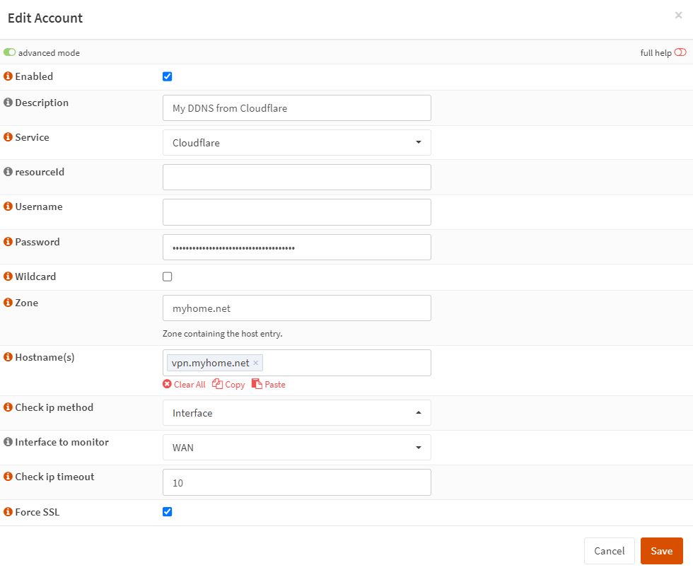 Dynamic DNS Account settings for Cloudflare on OPNsense