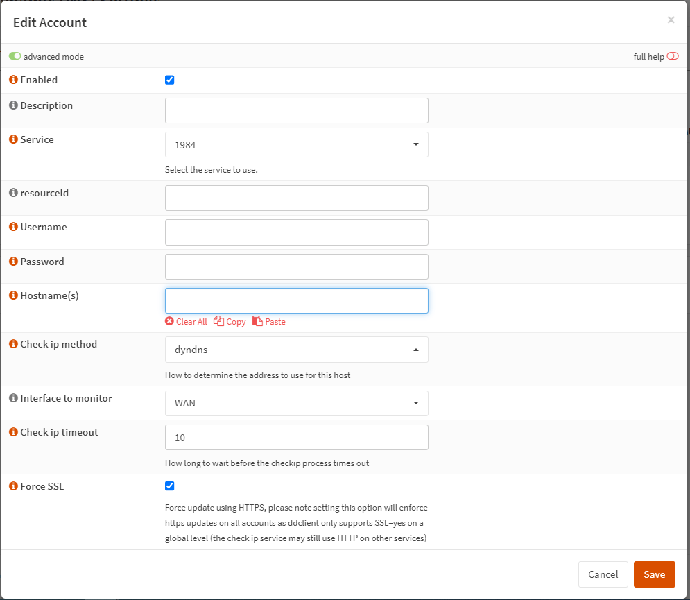 Dynamic DNS Account Settings on OPNsense