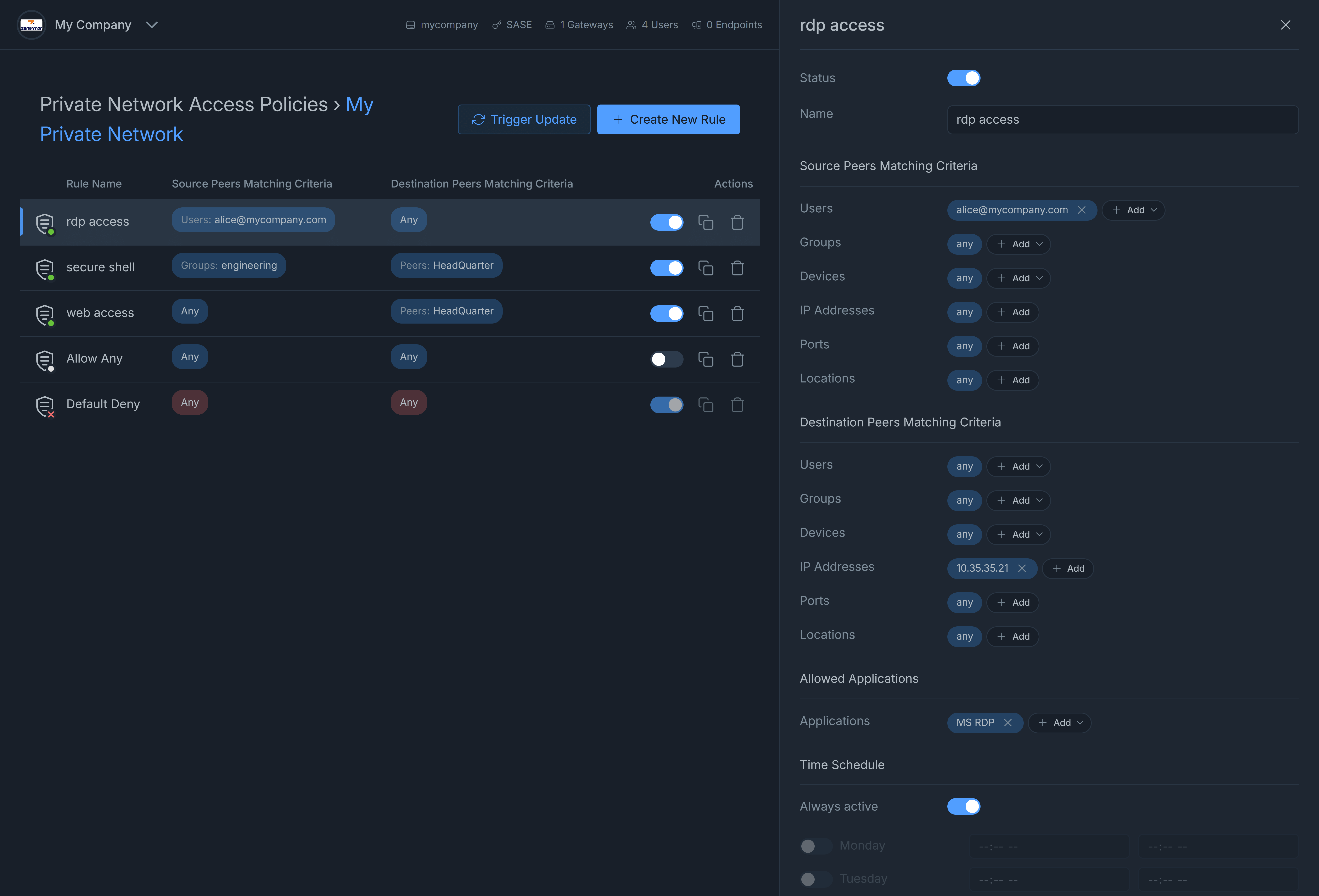 Editing Private Network Access Policy