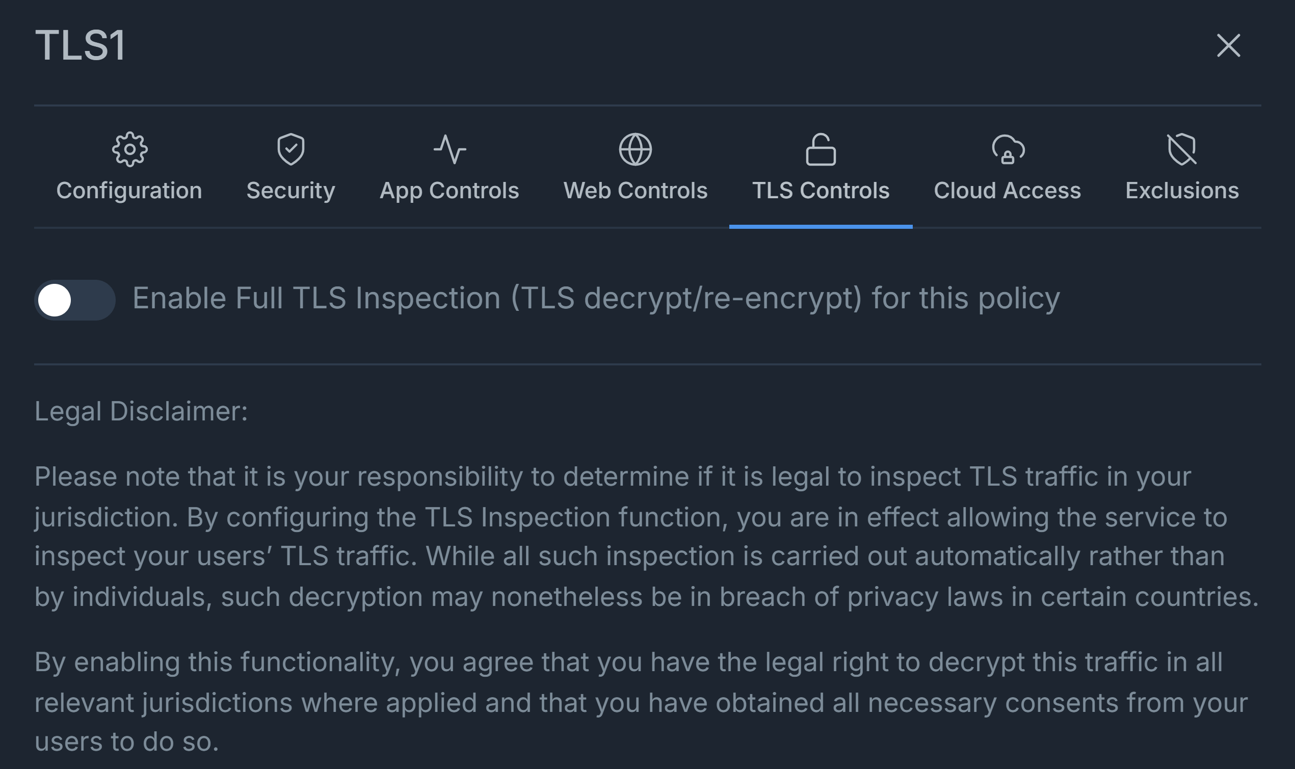Enable or disable Full TLS Inspection for a specific policy to control encrypted traffic visibility
