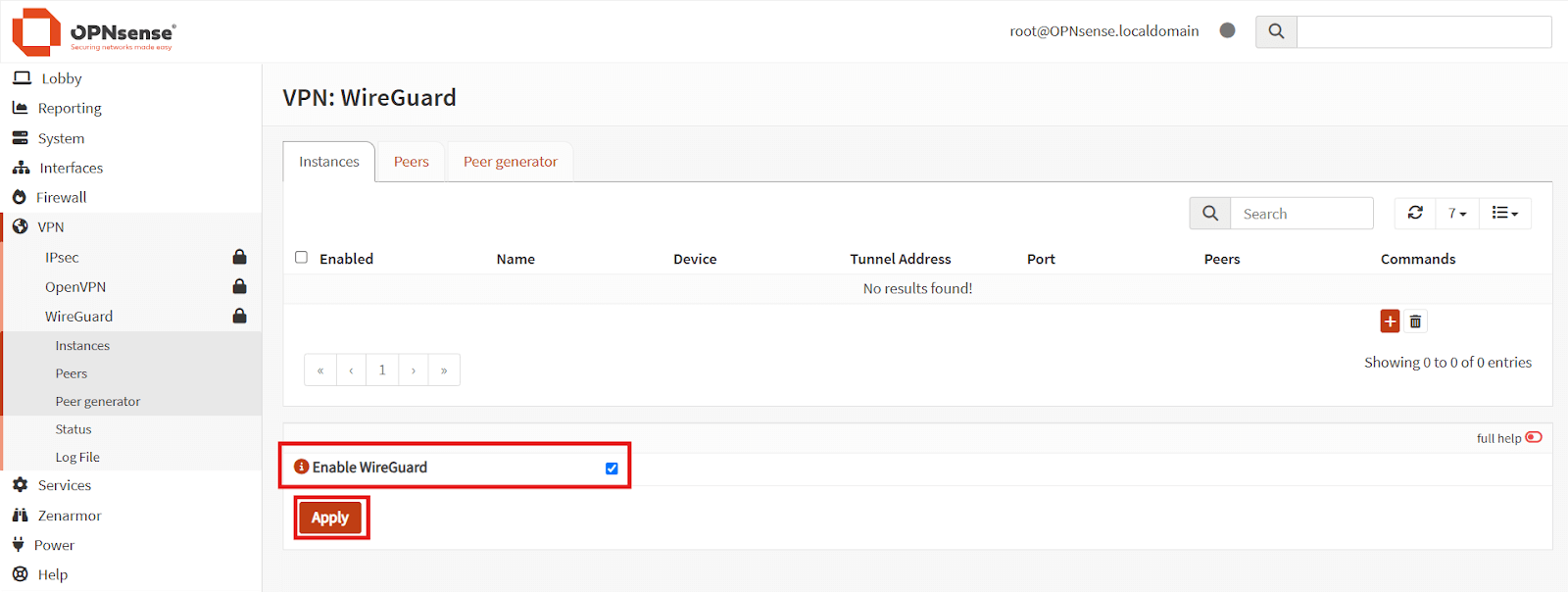 enabling wireguard service on opnsense