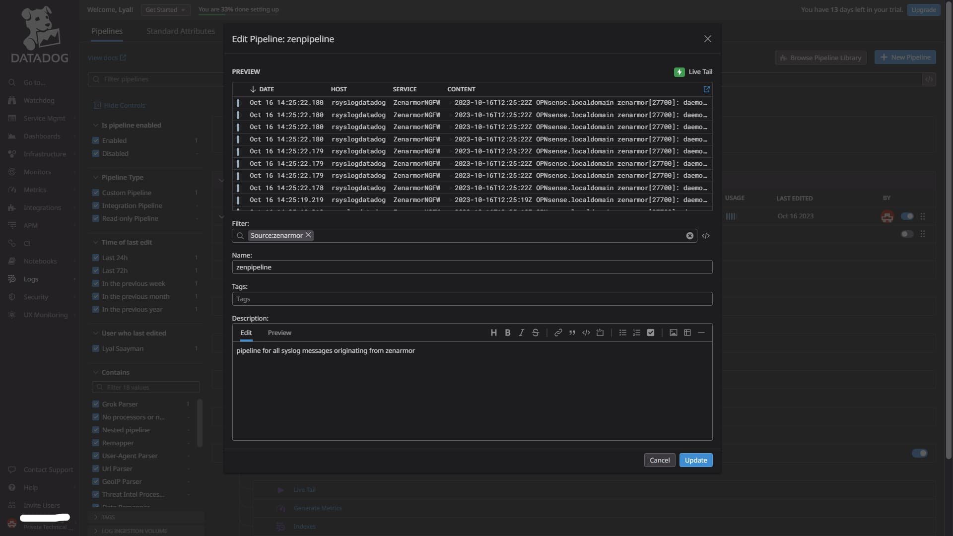 Example of a completed pipeline configuration menu