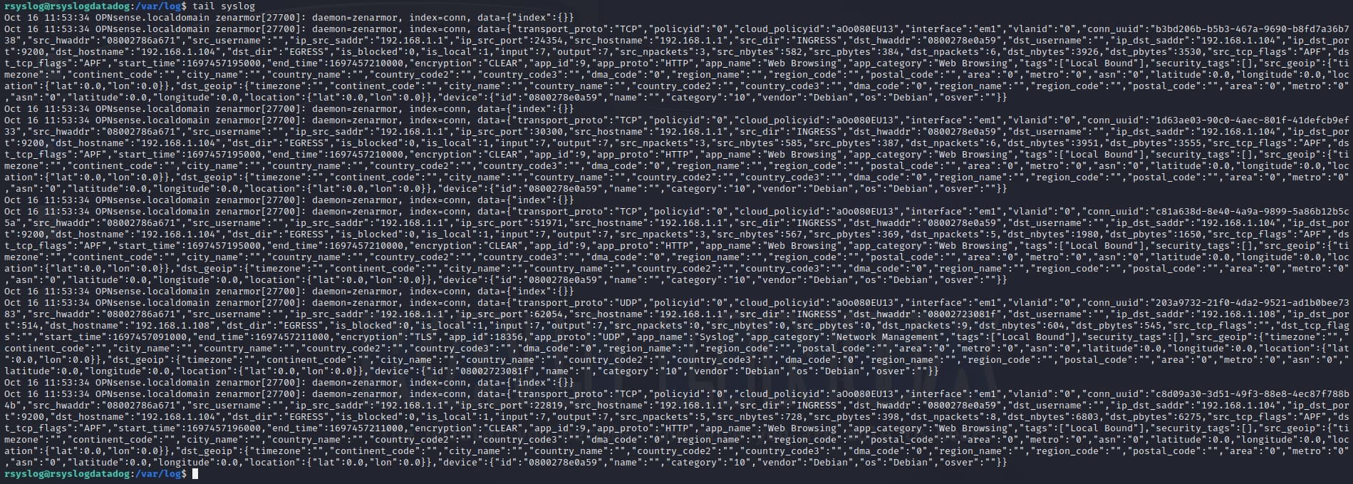 Example of the tail output of the syslog log file