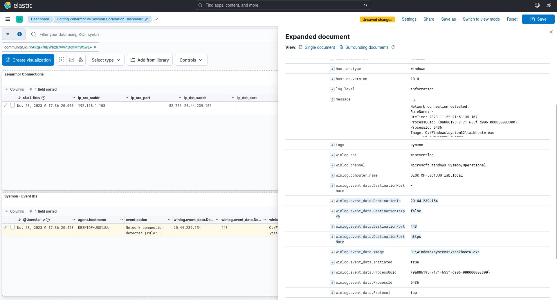 Exploring the Sysmon event for the taskhostw.exe process and suspicious network connection to 20.44.239.154