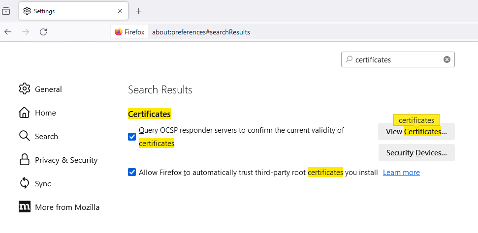 Accessing Firefox Certificates Settings