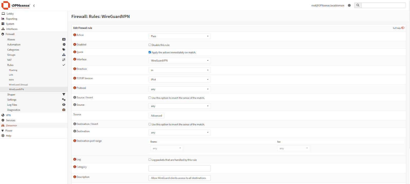 firewall rule settings on opnsense