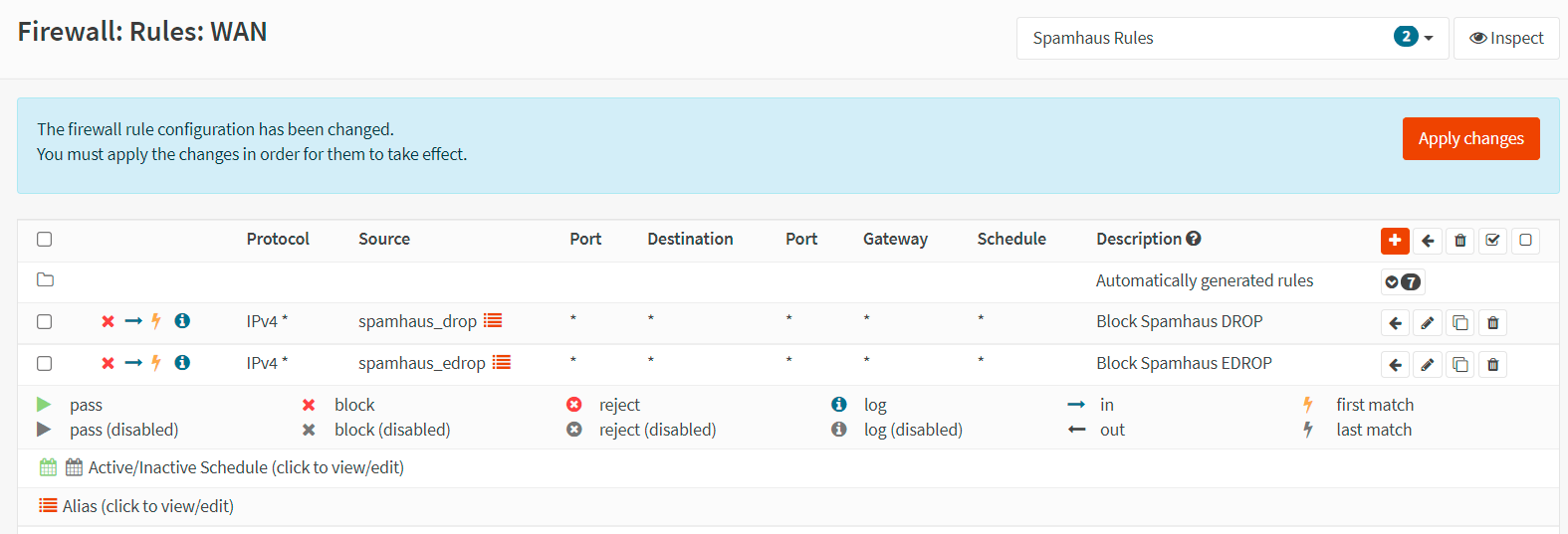 Firewall rules list for blocking Spamhaus (E)DROP lists on incoming traffic
