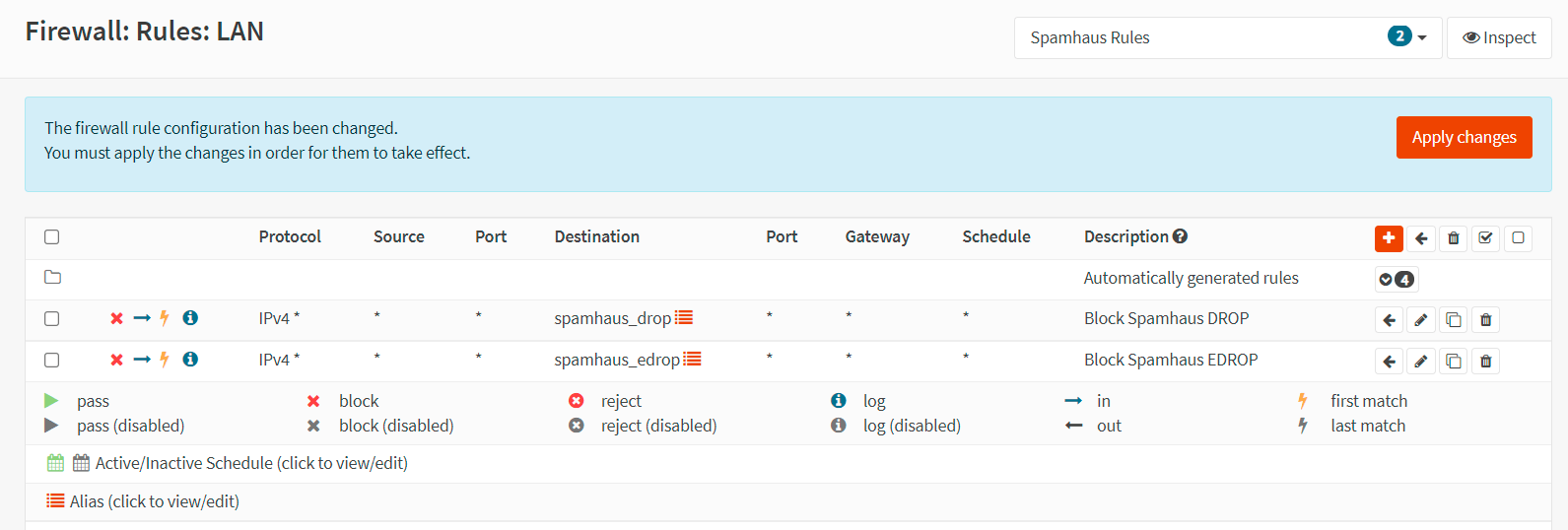 Firewall rules list for blocking Spamhaus (E)DROP lists on incoming traffic