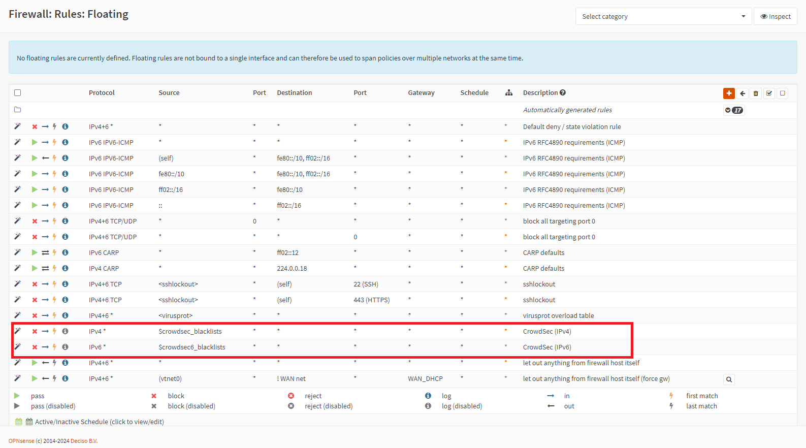 Floating firewall rules for crowdsec