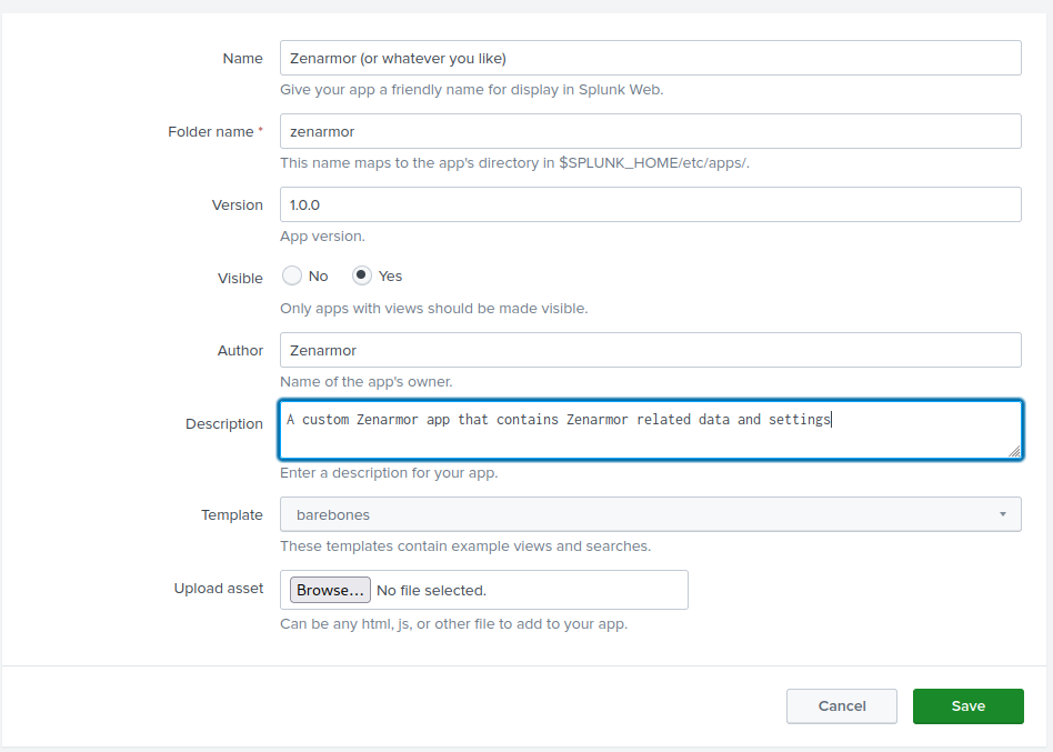 Form to set up your custom Splunk app