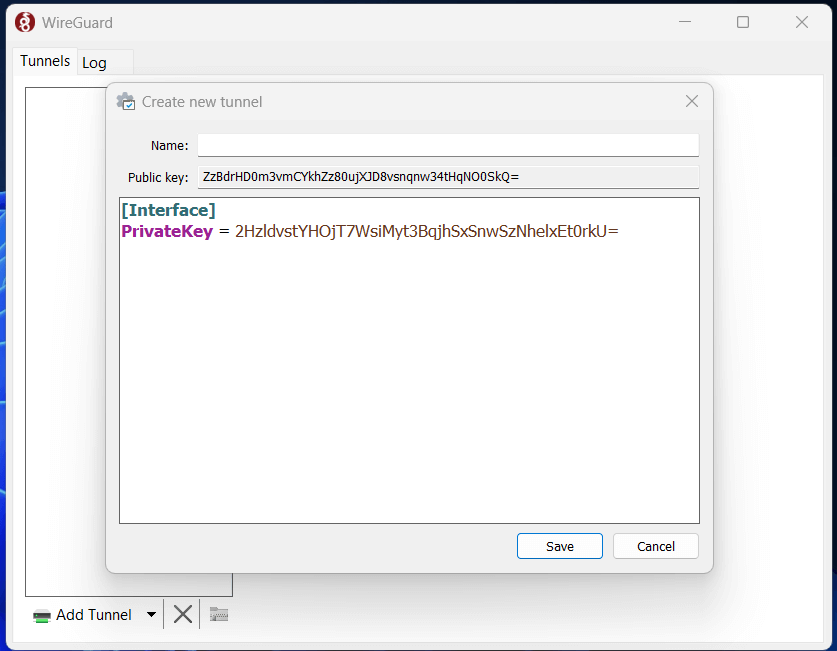 generated key pair for the new tunnel