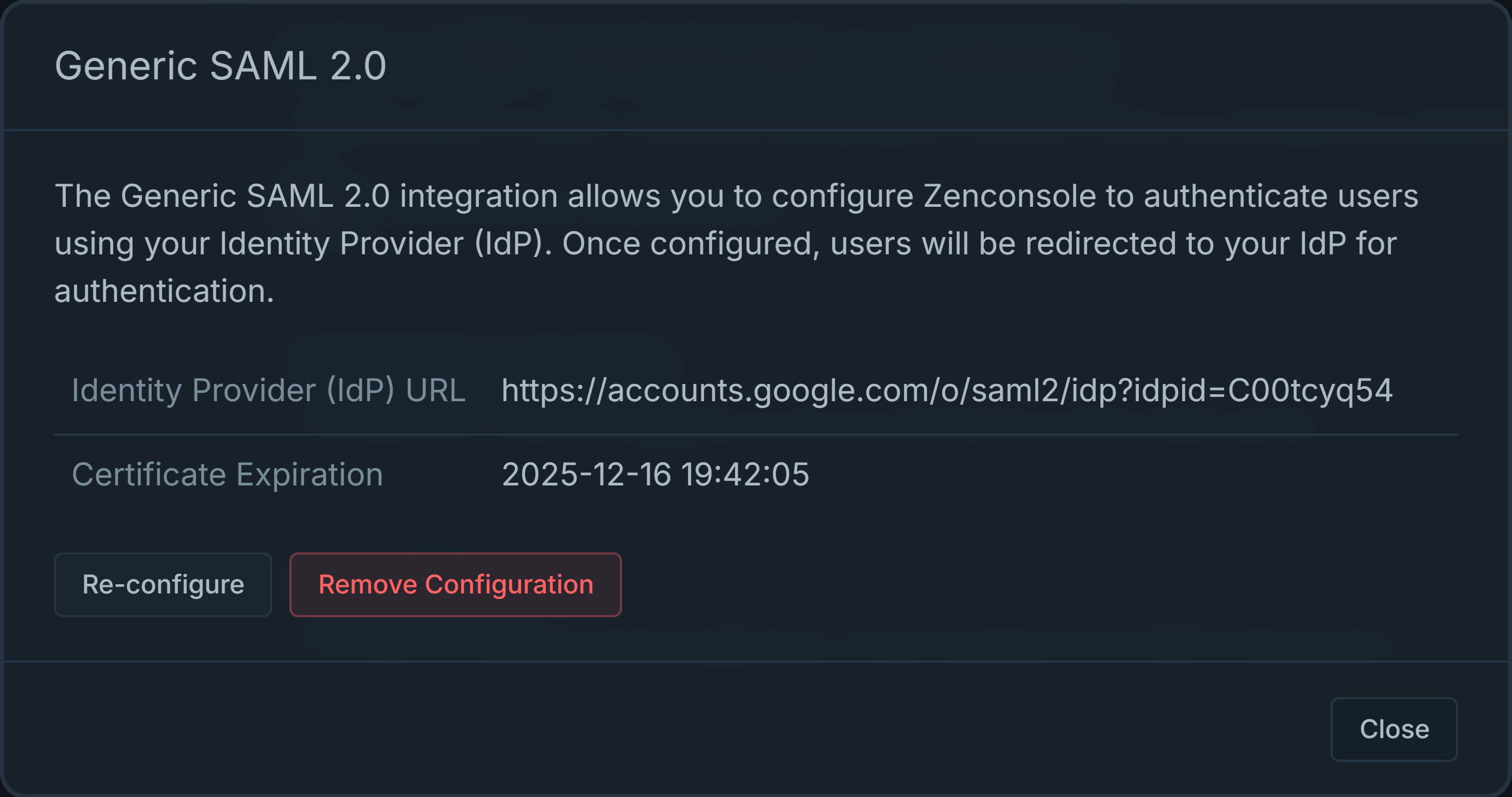 Generic SAML Configuration Completed
