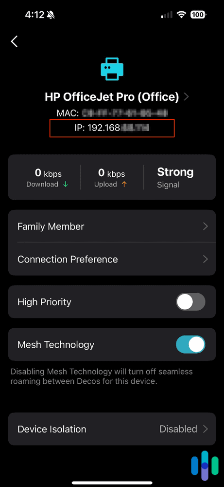 Getting the IP address of our printer using the Deco router app