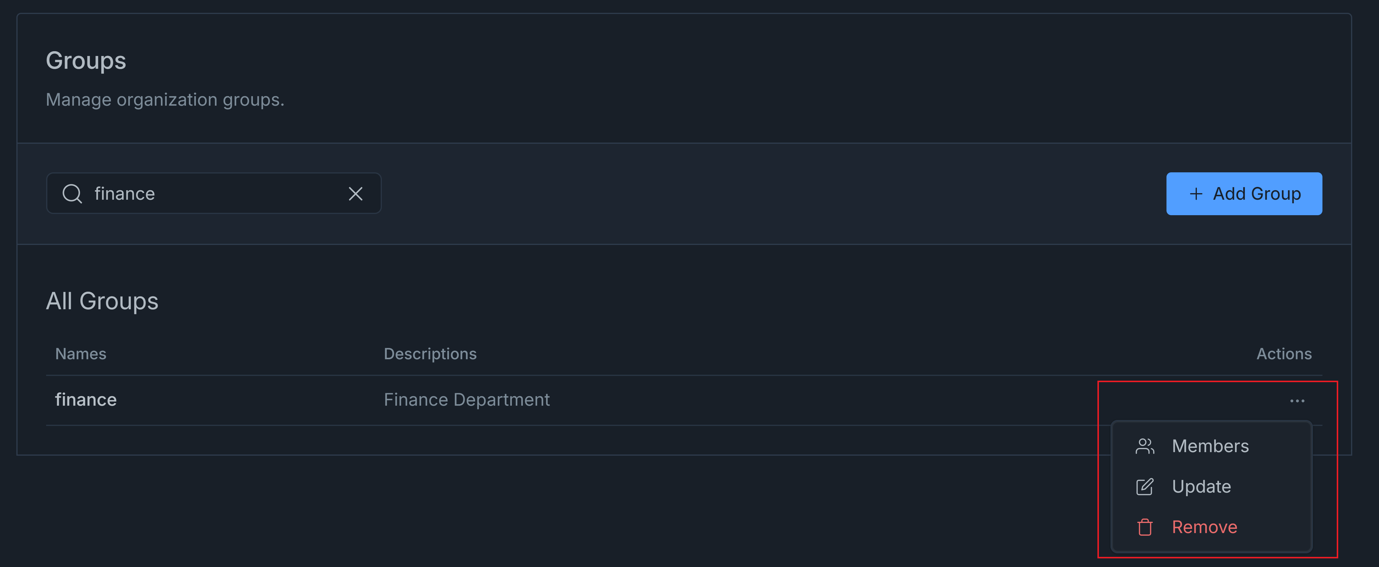 Group actions menu