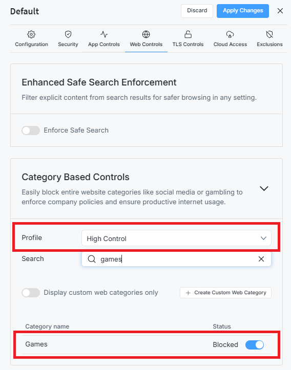 Selecting High Control Web Profile