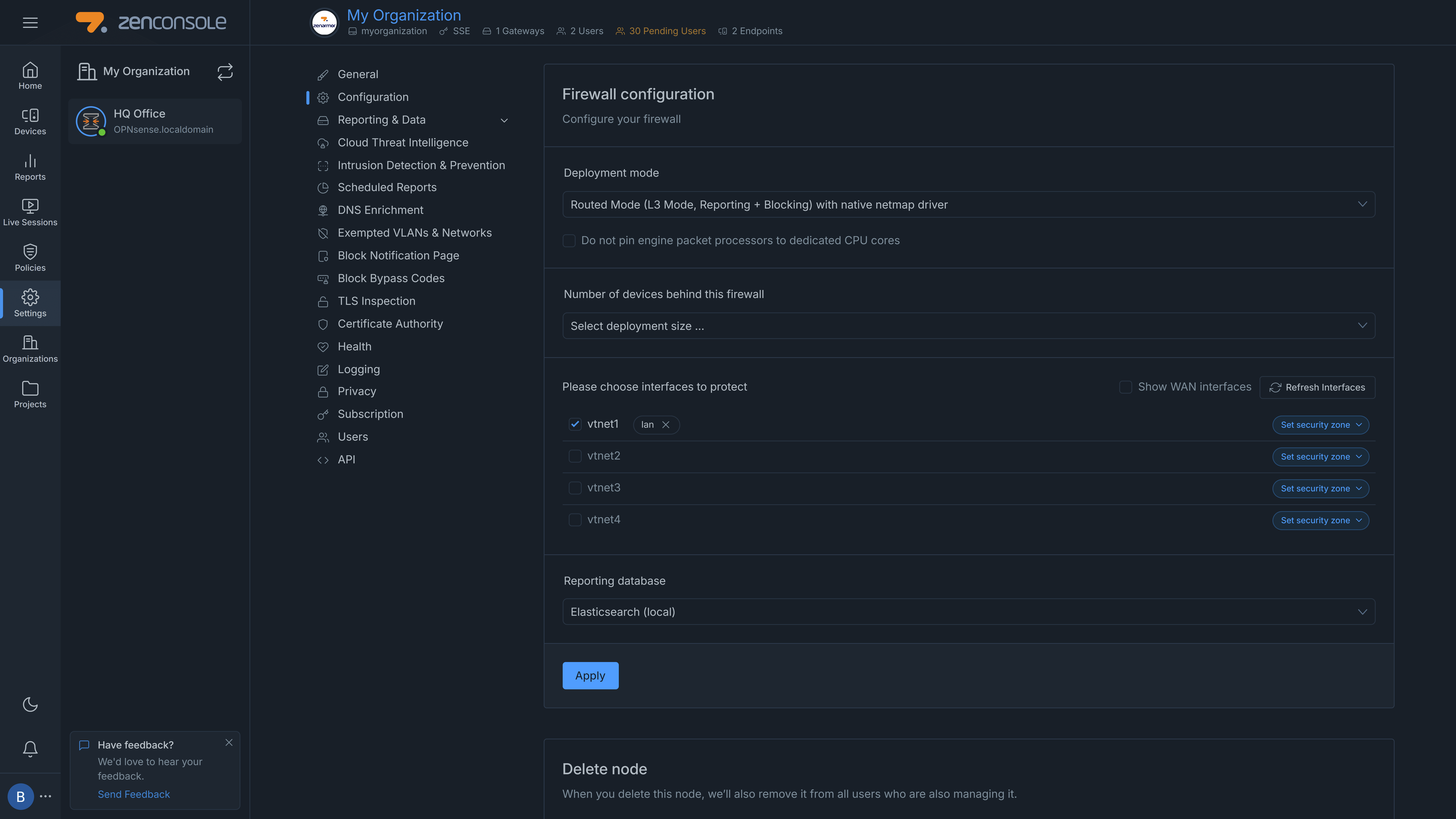 Initial firewall configuration on Zenconsole