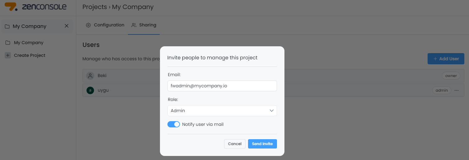 Zenconsole - Invite People to Zenarmor Project