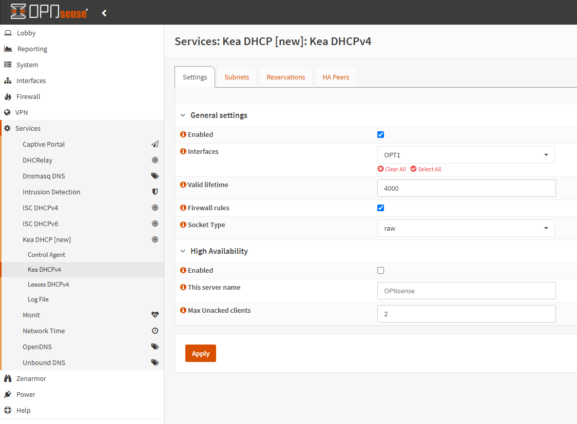 KEA DHCPv4 settings