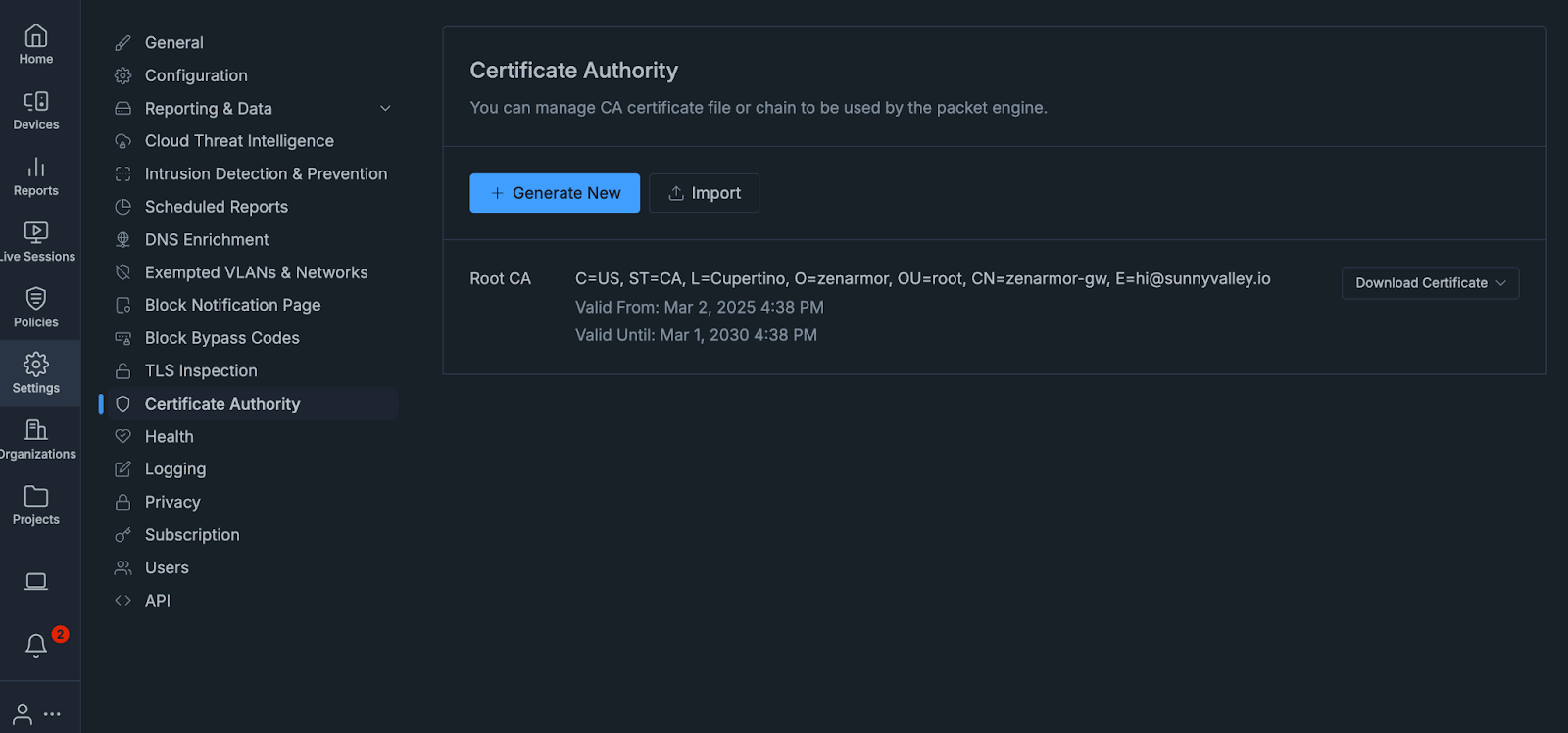 Manage and download the Zenarmor Root CA certificate for TLS inspection and secure traffic decryption