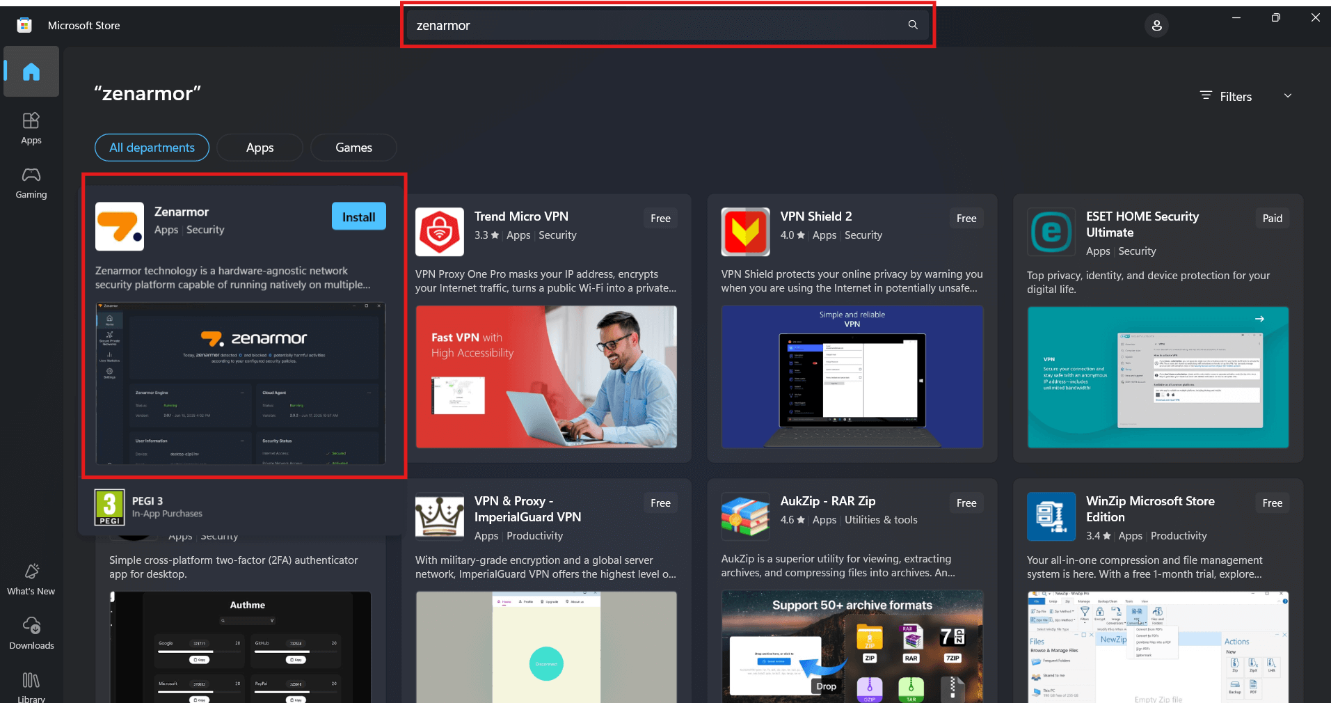 Microsoft Store Zenarmor Search