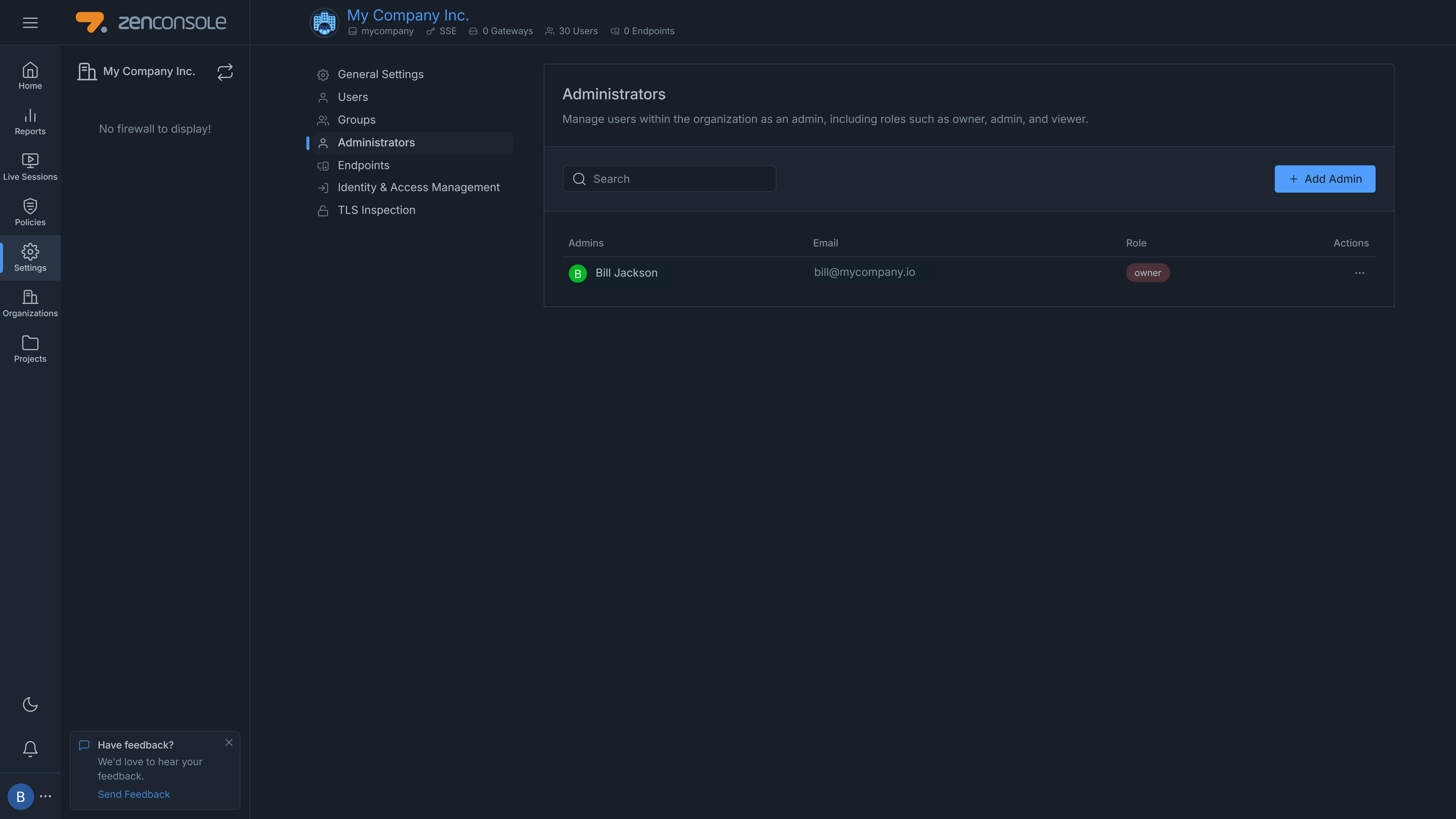 Organization Administrators page