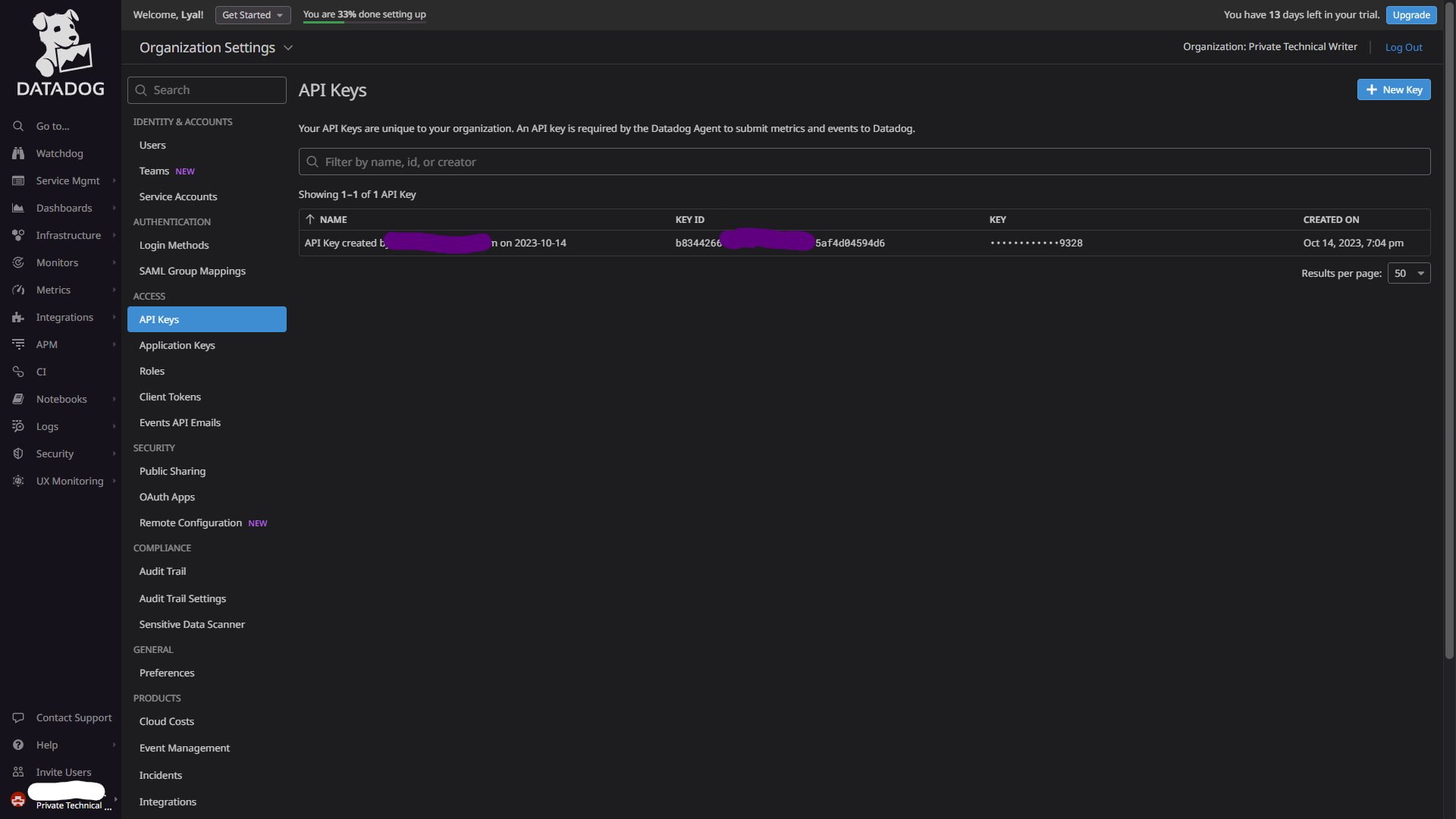 Organization settings menu where you can access your Datadog API key