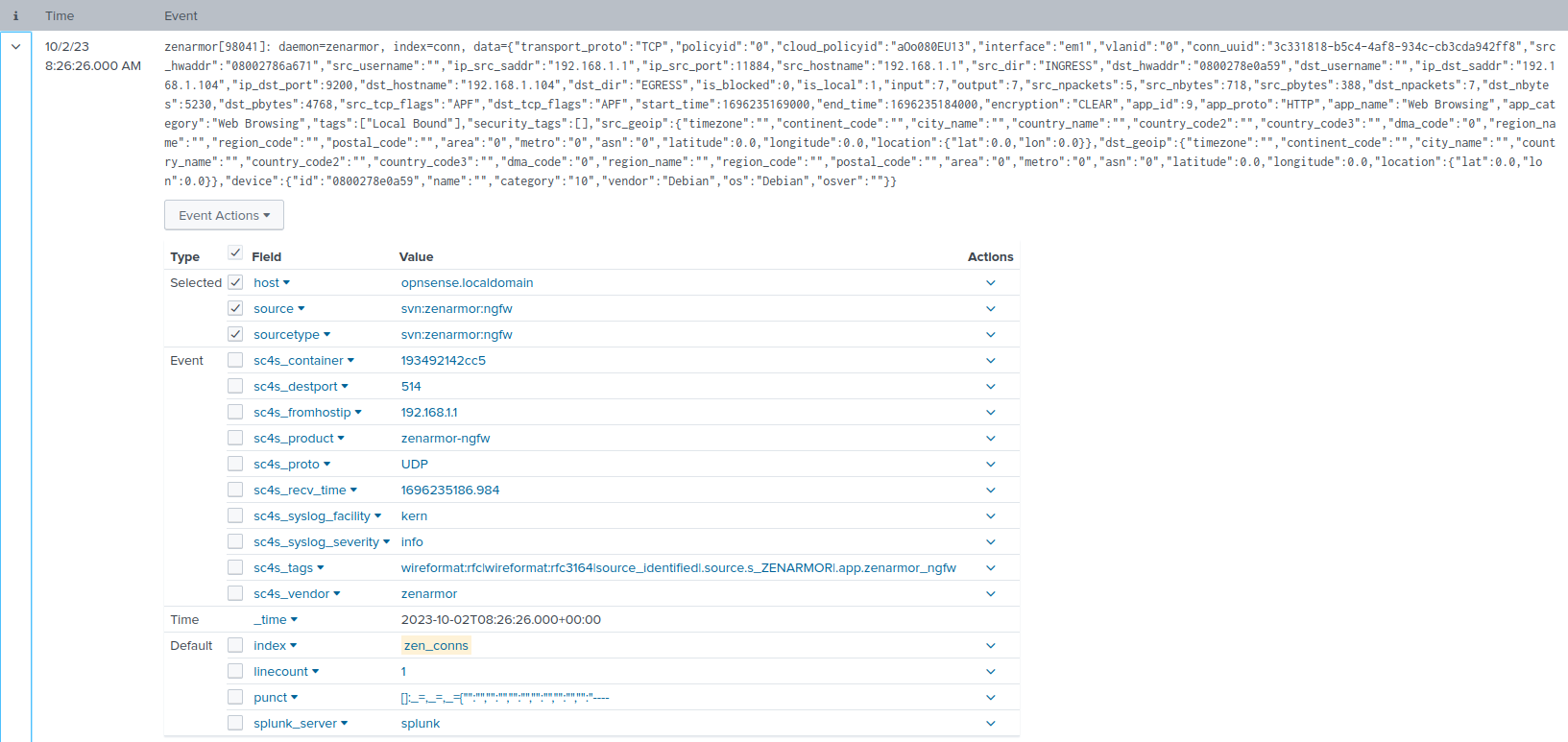 Parsed Zenarmor syslog event with the correct sourcetype and index
